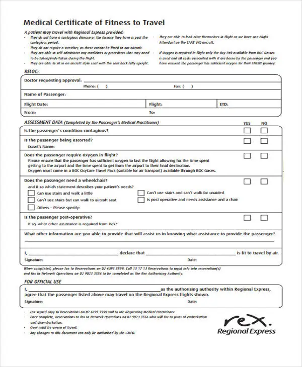 Certificates and Forms - Fitness to travel form, with 30 minute appointment visit